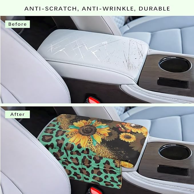 Wanyint Sunflower Leopard Print Green Car Center Console Pad Comfortable Anti-Slip Armrest Cushion with Organizer Pocket Arm Rest Cover Console Lid Protector Cushion Auto Interior Accessories