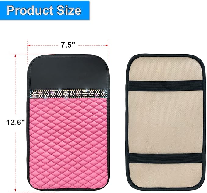 Bling Leather Car Center Console Cover, Car Center Console Protector With Glossy Crystal Rhinestone, Universal Waterproof Car Armrest Seat Box Cover For Most Car, Vehicles, SUVs, Trucks (Pink)