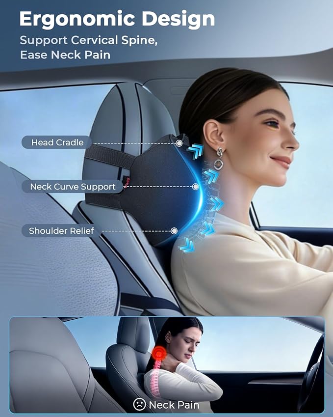 Aukee Car Headrest Pillow with Genuine Leather Cover Memory Foam Neck Cushion with 4 Extension Straps Adjuatable and Comfortable for Driving Home Office Black (Pack of 2)