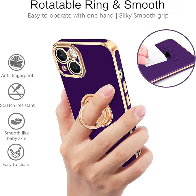 VENINGO Compatible with Apple 14 Case,Phone Case for 14,Slim Fit Soft 360° Ring Holder Kickstand Magnetic Car Mount Supported Easy Clean Shockproof Protective Cover for Apple 14 6.1", Deep Purple