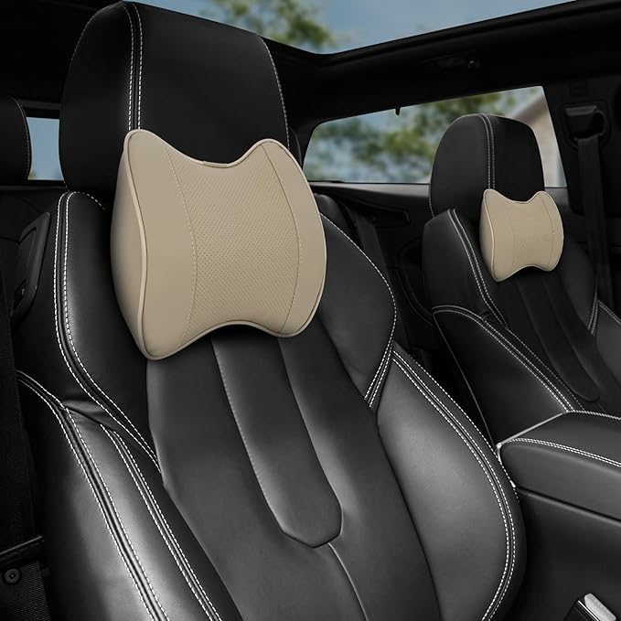 2 Pack Car Neck Pillow, Softness Leather Car Headrest Pillow, 100% Memory Foam and Breathable Removable Cover, Neck Support Head Pillow for Ergonomic Design (Beige)