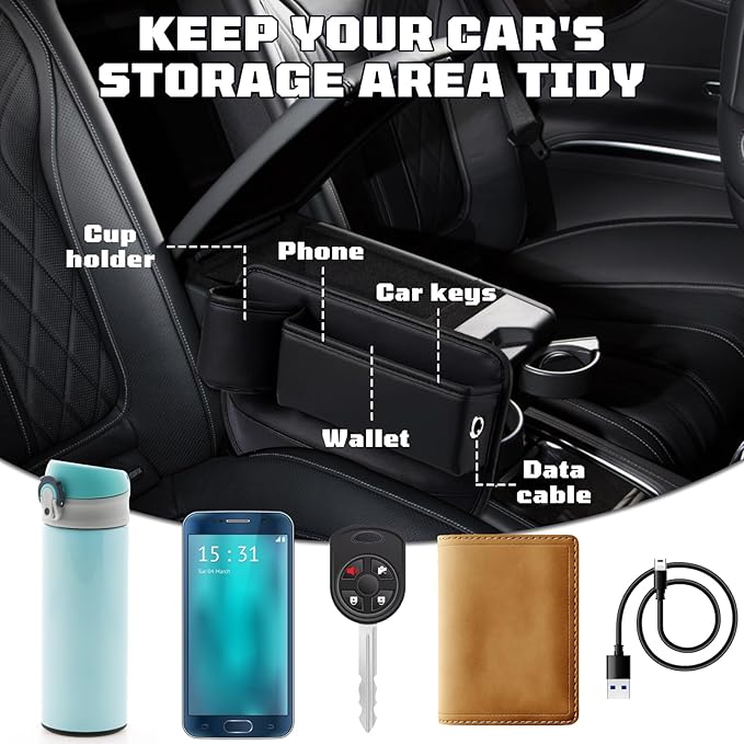 Car Leather Cup Holder Gap Bag, New Car Seat Gap Filler Organizer with Cup Holders, Console Organizer for Phone, Keys and Small Items, Universal Fit Essentials for SUV, Truck & Sedan (2pc)