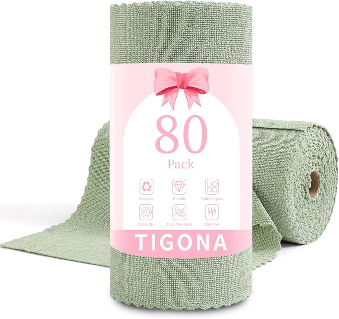 80 Pack Microfiber Cleaning Cloth Roll,Lint Free Rags & Tear Away Reusable Towels Washable Scratch,Ultra Absorbent Dish Rags(12" x 12") for Car Kitchen Home Garage-Green