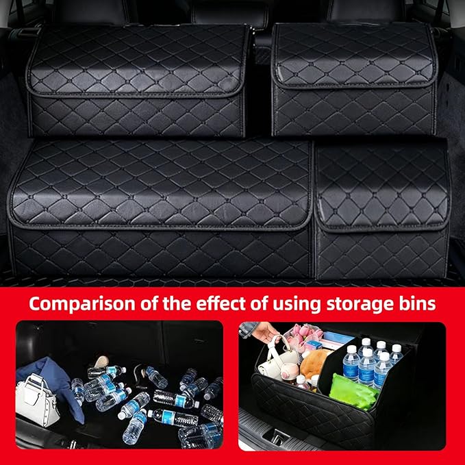 2Pack Leather Trunk Organizer for SUV & Sedans - Extra Large Foldable Car Storage Box with Lid, Adjustable Removable Dividers and Carry Handle, Collapsible Auto Cargo Organizer Black