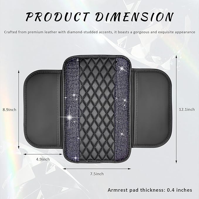 Sun Walker Bling Car Center Console Cover, Anti-Scratch Car Armrest Seat Box Cushion Pad with 2 Storage Bags, Leather Middle Console Protector Crystal Interior Accessories for Most Cars (Purple)
