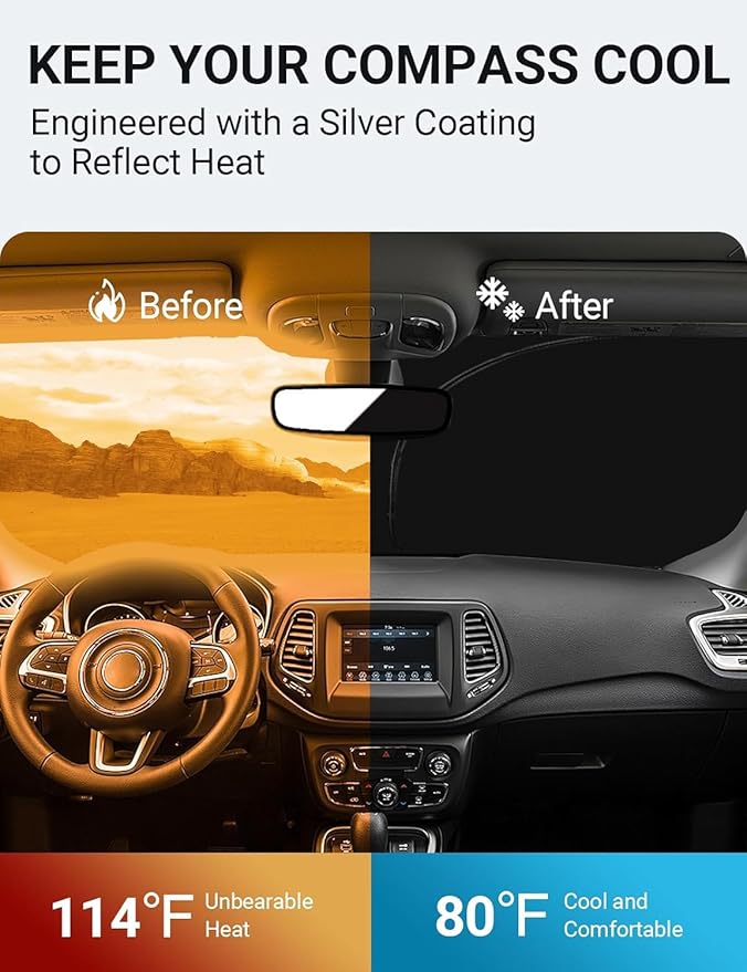 Proadsy Custom Fit Jeep Compass 2017-2024 2025 2026 Windshield Sun Shade 4-Layer Foldable Front Sunshade Protector Sun Visor Blocks UV Rays Keep Car Cooler