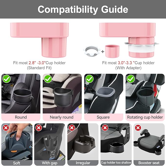 Car Seat Snack Tray for Toddlers - 3 Inch Cup Holder Fits Most Sippy Cups & Straw Bottles with Dip Well, Mess-Free Square Kids Travel Tray Road Trip Essentials, Pink