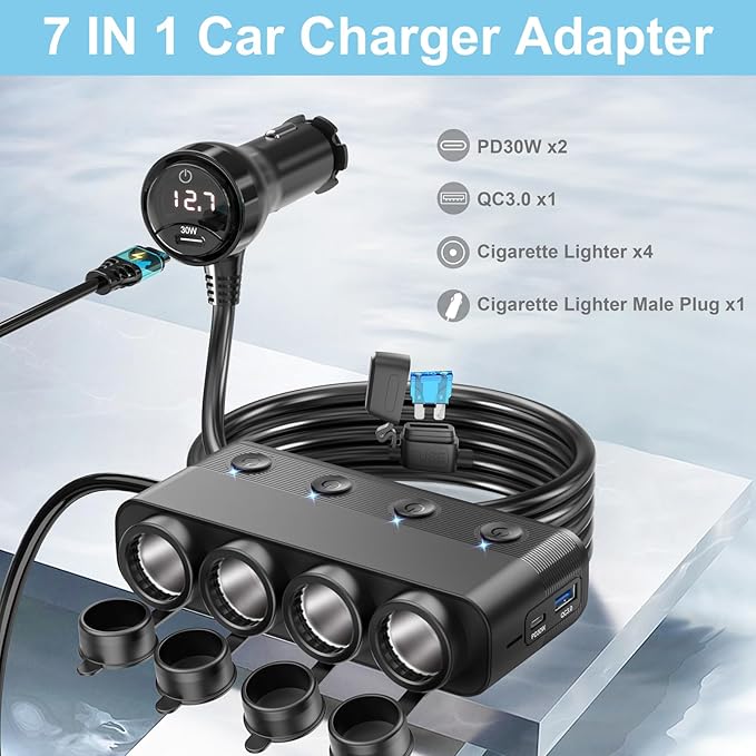 Qidoe Cigarette Lighter Splitter,300W 4-Socket Car Charger Adapter with Dual PD30W Type C & QC18W USB，12V/24V Car Splitter Adapter with Independent Switches & LED Voltage Display for All Car Devices