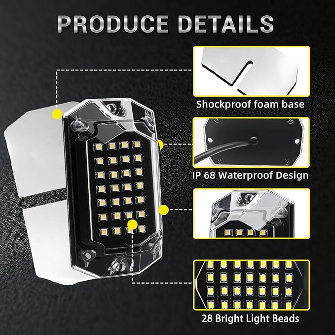 20 Pods Full Angle Pure White LED Rock Lights with Extension Wires, 28 LEDs 6500K Super Bright White Neon Underglow Kit IP68 Waterproof for Semi Trucks Trailer Offroad Pickup Boats RV Vans SUV UTV