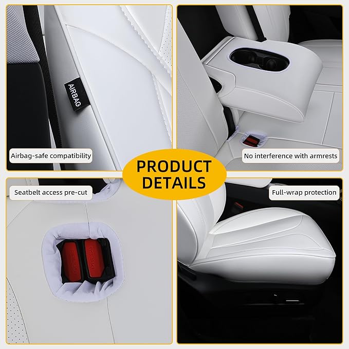 Custom Fit Seat Covers for 2025 2026 Tesla Model Y Juniper (5-Seater), Waterproof Breathable Nappa Leather, OEM Factory Style Full Set Car Seat Protectors Airbag Compatible - White