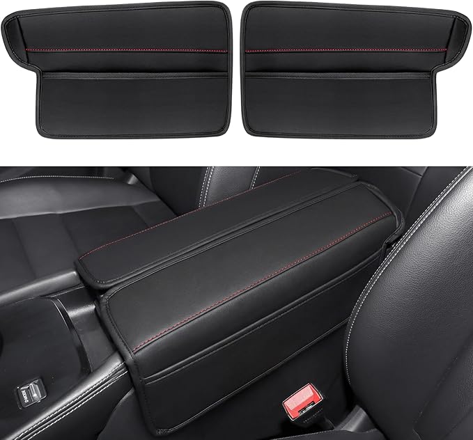 Center Console Armrest Cover for Nissan Rogue 2021-2026, Middle Console Pad Lid Cover Protector Elbow Arm Rest with Side Pockets, Rogue Interior Accessories, PU Leather (Red Stitches)
