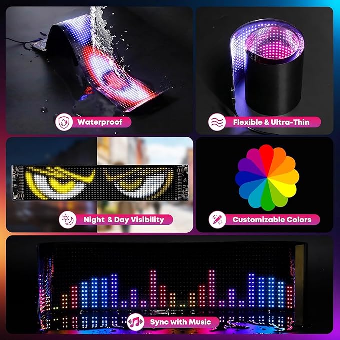 2PC 5800 Lux High-Brightness Devil Eyes LED Light Strips for Cars/Trucks/SUVs - 23.6"x4.73" Customizable Windshield Decoration with App Control, IP68 Waterproof, USB-Powered