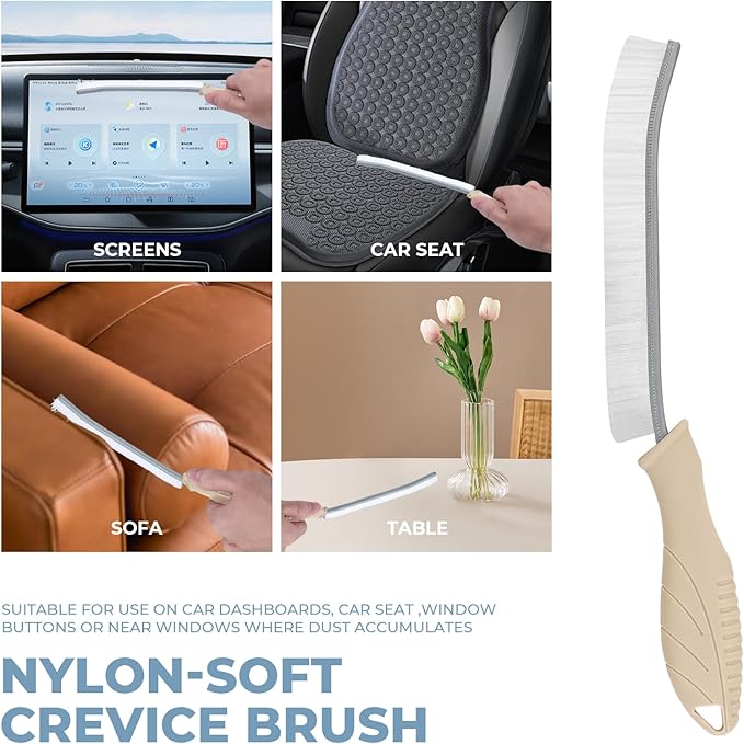 TQRR 3Pcs Cleaning Brush - Includes Soft Bristle, Hard Crevice, Multifunctional Grout Brush, Auto Vent Wheel, Kitchen House Cleaning Tools (Khaki)