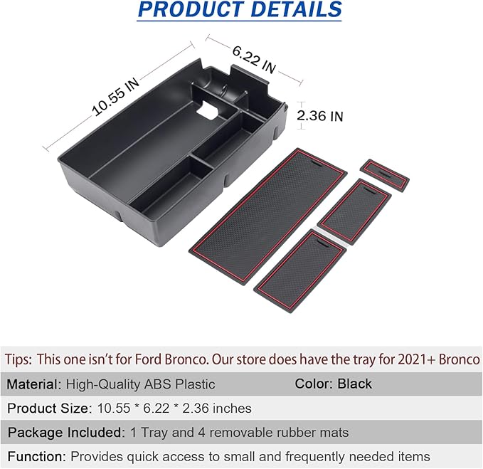 TOPINSTALL Red Center Console Tray Compatible with Ford Escape 2020-2026/Bronco Sport 2021-2025 Accessories, Long Compartment Armrest Box Storage Organizer Coin Container (Not for 2026 Sport)