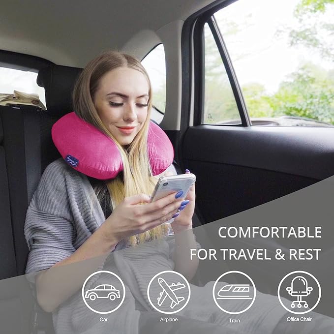 Memory Foam Neck Pillows for Travel - Travel Neck Pillows for Airplanes with Attachable Snap Strap Soft Washable Cover, Flight Neck Pillows Provide Neck Rest for Traveling, Car, Home, Office, Pink