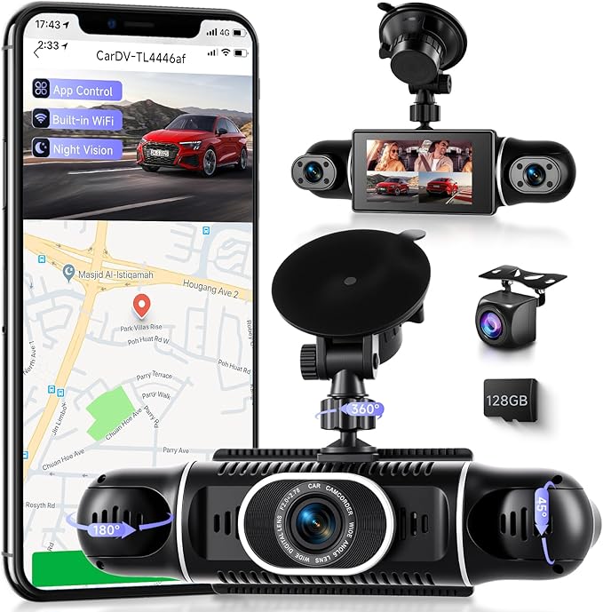 360° Dash Cam Front/Rear/Inside/Side 4-Channel Dash Camera FHD 2K+1080P×3 Car Dash Cam with WiFi, APP Control, 128GB SD Card Included, 8 IR Night Vision, G-Sensor, 24/7 Parking Mode