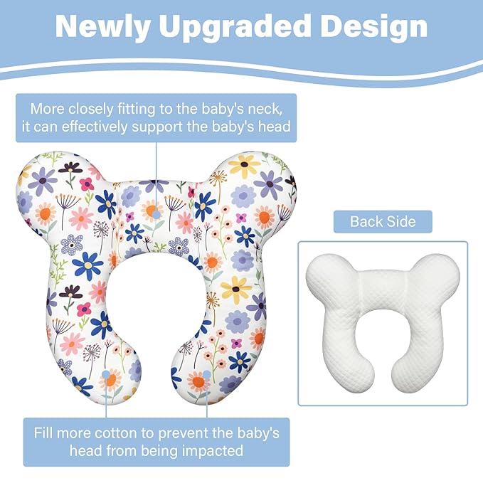 Baby Neck Pillows - Upgraded Toddler Travel Cushion for Toddler Head and Neck, Infant Neck Pillow for Car Plane Stroller Pushchair - Flower C