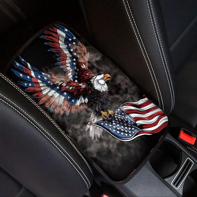 American Flag Center Console Cover American Eagle Armrest Cover Cushion Soft Waterproof Armrest Seat Box Cover Protector for Most Vehicle SUV Truck Car