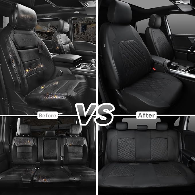 Universal Deluxe Pu Luxury Vinyl Faux Leather Car Seat Covers Full Set, Airbag Compatible, Breathable, Fit for Cars, Trucks, SUV (All Black)