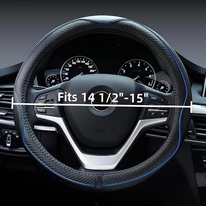 LABBYWAY Microfiber Leather Steering Wheel Cover, Universal 14.5-15 Inch Steering Wheel Anti Slip Car Interior Accessories for Men Women (Black with Blue Line)