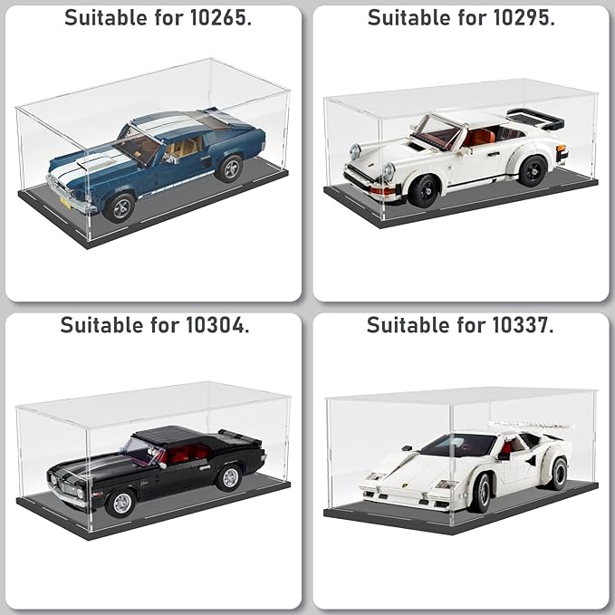Choowin Acrylic Display Case for Lego Porsche 911 10295 for Lego Camaro 10304 10337 42176 for Lego Car Display Thickened Clear Acrylic Display Cases for Collectibles Assemble Dustproof(Black Base)