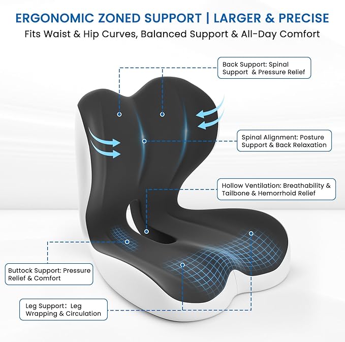 Seat Cushion, Memory Foam Car Seat Cushion with L-Shaped Ergonomic Design, Tailbone Pain & Sciatica Pain Relief Cushion for Office Chair, Car, Truck Drivers, Long Sitting and Wheelchair, 2 PCS