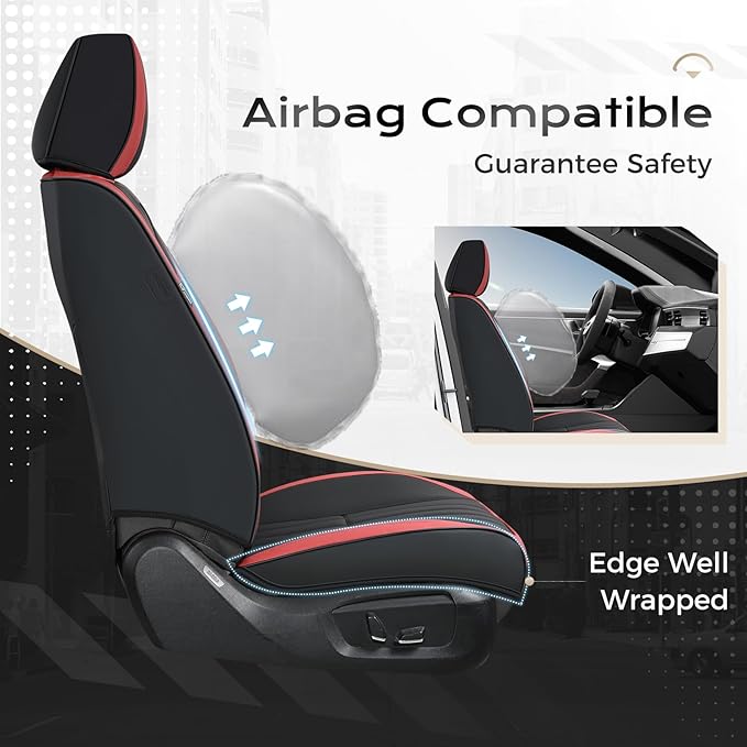 Coverado Car Seat Covers Front Seats, Seat Covers for Cars, Car Seat Protector, 2-Pack Car Seat Cushion Nappa Leather, Waterproof Seat Covers Carseat Cover Universal Fit for Most Cars(Red&Black)
