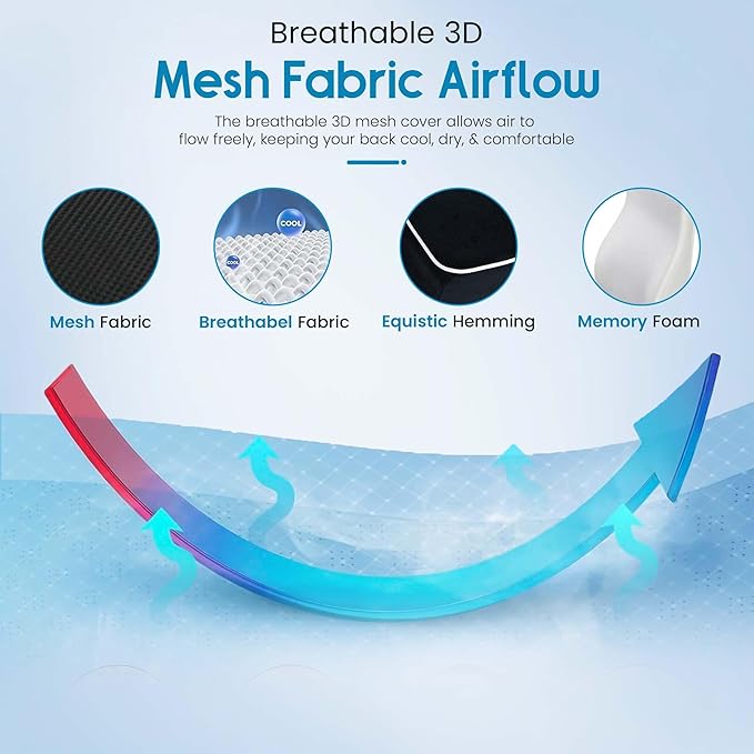 Lumbar Support Pillow for Office Chair and Car, Premium Memory Foam Back Cushion for Back Pain Relief Improve Posture Ergonomic Cushion with Breathable Mesh Cover and Adjustable Straps