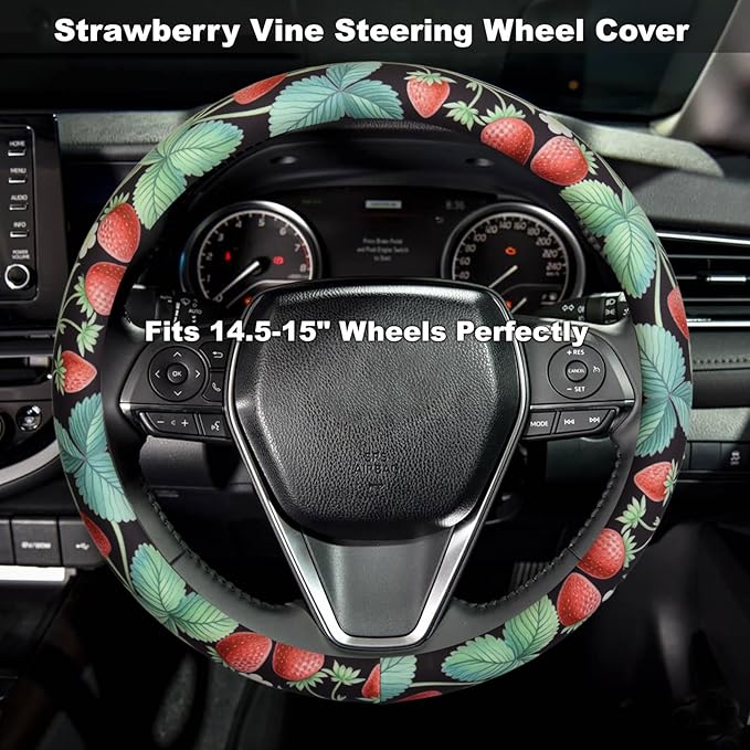 Strawberry Vine Steering Wheel Cover for 14.5-15 Inch (37-38 cm) Wheels, Premium Fabric with Non-Slip Rubber Inner Ring (Strawberry Vine)