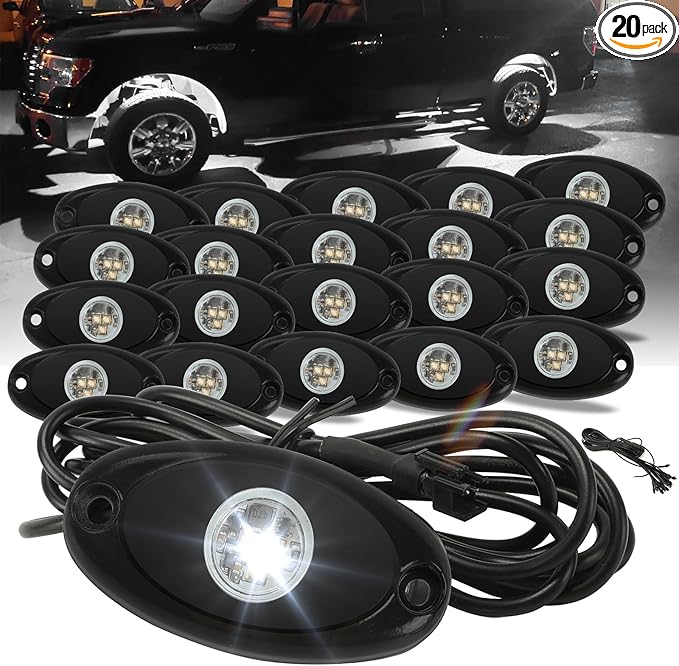 SUNPIE 20 Pods White Rock Lights – Quick Connect, 3 High Power Chips, 5M Extension Wires, Mounting Pads Included, 6000K Pure White, IP67 Waterproof, Fits Trucks, SUV, ATV, UTV, Trailer
