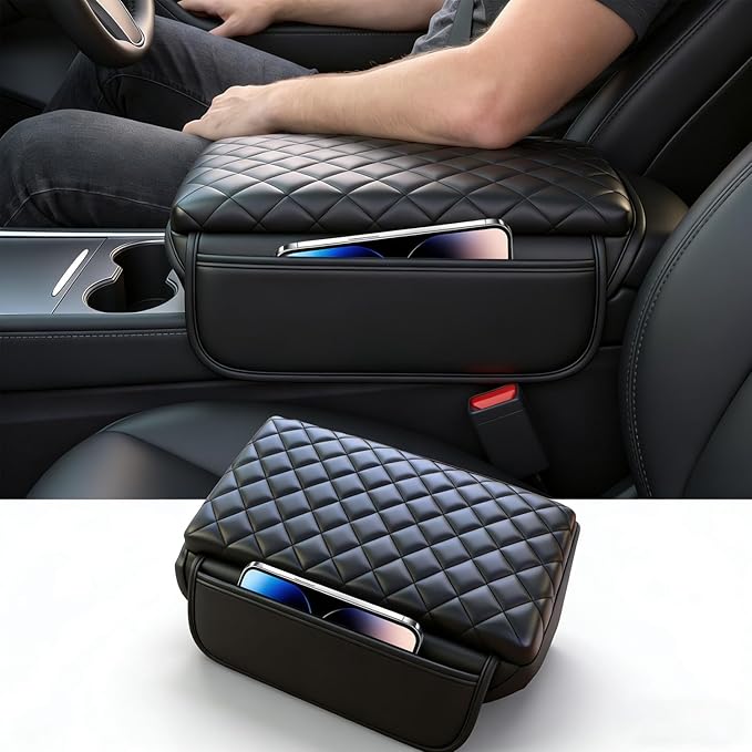 Center Console Cover for 2016-2023 Tesla Model 3 2020-2024 Model Y, PU Leather Armrest Box Cushion Protector Accessories