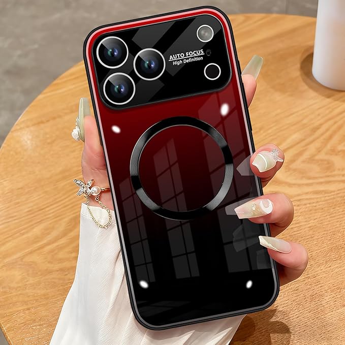Guppy Compatible with iPhone 17 Pro Magnetic Case, with Full Camera Lens Protector [Compatible with MagSafe] Scratch Resistant Gradient Glass Back Cover Phone Case-Red