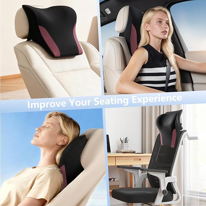 BEBAS Car Headrest Pillow, Ergonomic Neck Pillow with Memory Foam, Enlarged Surface for Head Neck Shoulder Support, Breathable Removeable Car Seat Pillow for Pain Relief (Black Red)
