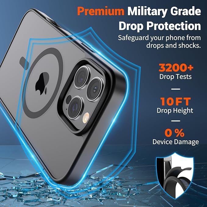 SUPFINE Magnetic for iPhone 16 Pro Case (Compatible with MagSafe) (Military Grade Drop Protection) Translucent Matte Shockproof with Anti-Fingerprint Phone Cover,Black