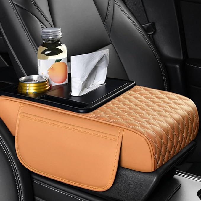 Car Center Console Armrest Pad, Arm Rest Box Cushion with Ergonomic Height Boost, Storage Pockets, Built-in Tissue Box, Cupholder, Fit for Most Sedan Vehicles (Embroidery Water Ripple, Orange)