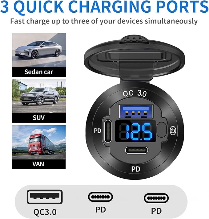 12V USB Outlet 3 Port Car Charger Socket, 78W Dual PD USB C 30W and Quick Charge3.0 Port Aluminum Charger Waterproof with Voltmeter and Button Switch for Boat Marine Motorcycle RV Truck Golf Cart, etc
