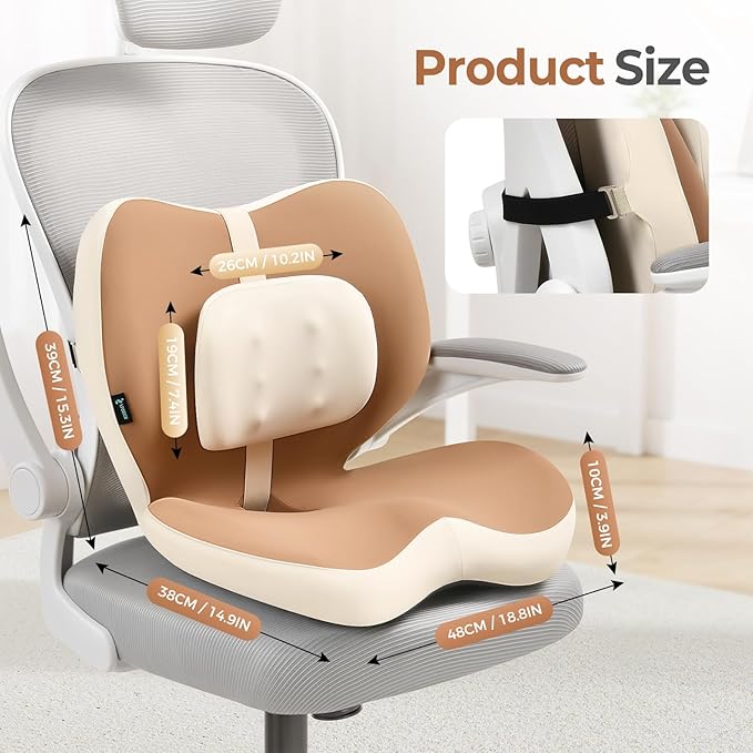 FLORICH 2 in1 Truck Seat Cushion and Lumbar Support Pillow Memory Foam Car Seat Cushion with Adjustable Strap for Truck Driver Long Drives, Fits Semi Truck Seat,Car,Office&Gaming Chair(Light Brown)