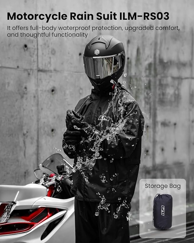 ILM Motorcycle Rain Suit for Men 2 Piece Waterproof Jacket and Pants Hidden Shoe Cover Breathable Reflective Model RS03
