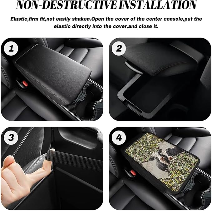 Boho Mandala Cow Print Car Center Console Cover Breathable Auto Armrest Storage Box Mat Wear-Resistan Vehicle Armrest Pad Car Accessories Interior Protection