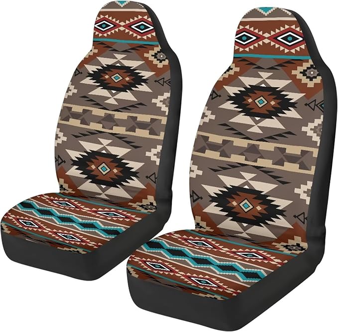 ELEQIN Front Car Seat Covers 2pcs, Brown Aztec Tribal Automotive Seat Covers Car Accessories Universal Size Fit for Most Cars,SUVs&Trucks&Vans