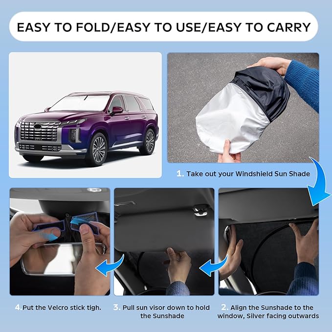 Sun Shade Sunshade for Hyundai Palisade 2020-2024 2025 2026 Windshield Cover, 4-Layers Sun Shield 250T Silver Sun Visor Foldable Front Window Shade Blocks UV Rays Car Accessories