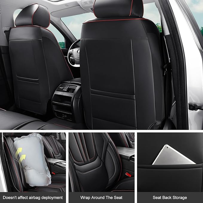 Car Seat Covers, Premium Leather Car Seat Covers, Waterproof and Breathable Seat Covers, Universal Car Seat Protector Fit for Cars, Trucks, SUVs, Pick-ups (Black&Red line, FullSet)