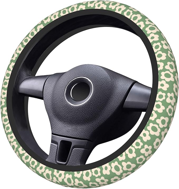 Vintage Groovy Flowers Steering Wheel Cover Cute Universal 15 Inch Car Accessories Protector for Women Fit Auto SUV Sedan Vans Trucks