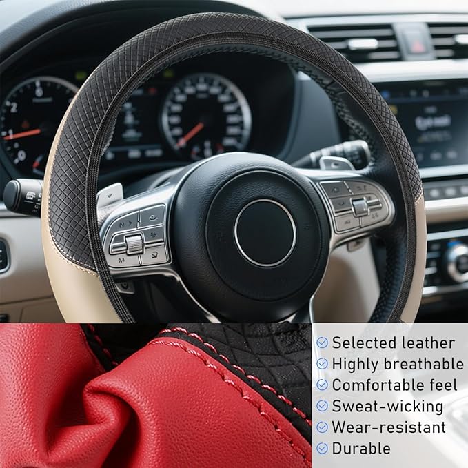 Car Steering Wheel Cover, Elastic Stretch Leather Non-Slip Vehicle Steering Wheel Guard, Automotive Interior Protective Decor Accessories, Universal for SUV RV Truck (Beige)