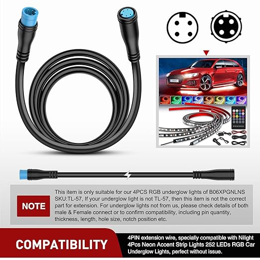 Nilight 2 Pack 5FT 4 Pin Extension Cable Cord for 4PCS Car Underglow Neon Accent Strip Lights 252 LEDs RGB 8 Color Wire Harness 5 Feet Underglow Light Extension Wire Plug and Play