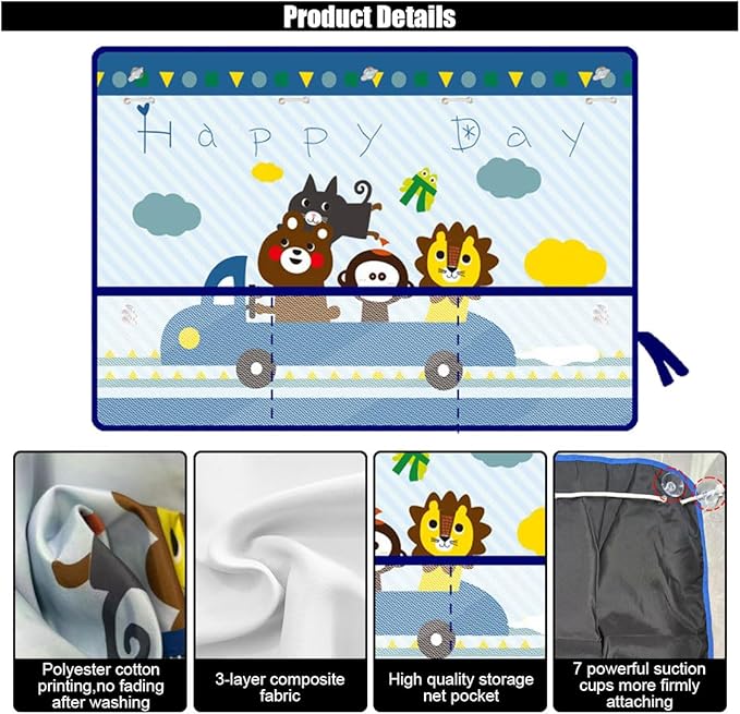 Car Window Shade for Baby, Blackout Car Window Curtain with Storage Pockets & 7 Suction Cups, Cartoon Pattern Cars Side Window Sun Shade Cover for Sun/Heat/UV Rays Protection (Blue-Animals)
