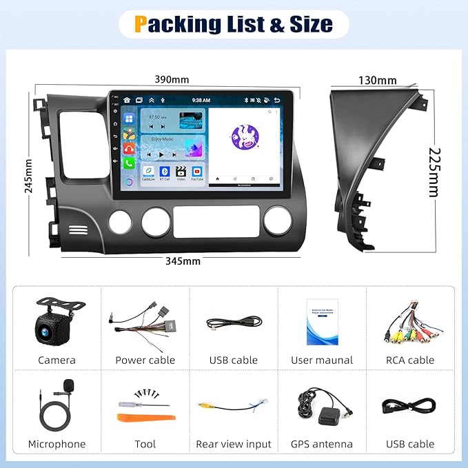 [8Core 6+128GB] Android 15 Car Stereo for Honda Civic 2006-2011 with Wireless CarPlay&Android Auto,10.1 Inch 1280 * 720P IPS Touch Screen,Bluetooth,GPS,WiFi,FM/RDS,32 Band DSP,SWC,HD Backup Camera