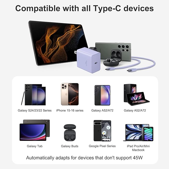 USB C Charger Type C Charger Fast Charging 10FT 45W Samsung Chargers 2-Pack with iPhone Air/17/17 Plus/17 Pro/17 Pro Max/16/16 Plus/16 Pro/16 Pro Max/15/15 Pro Max/iPad Pros/Galaxy S25 S24(Purple)