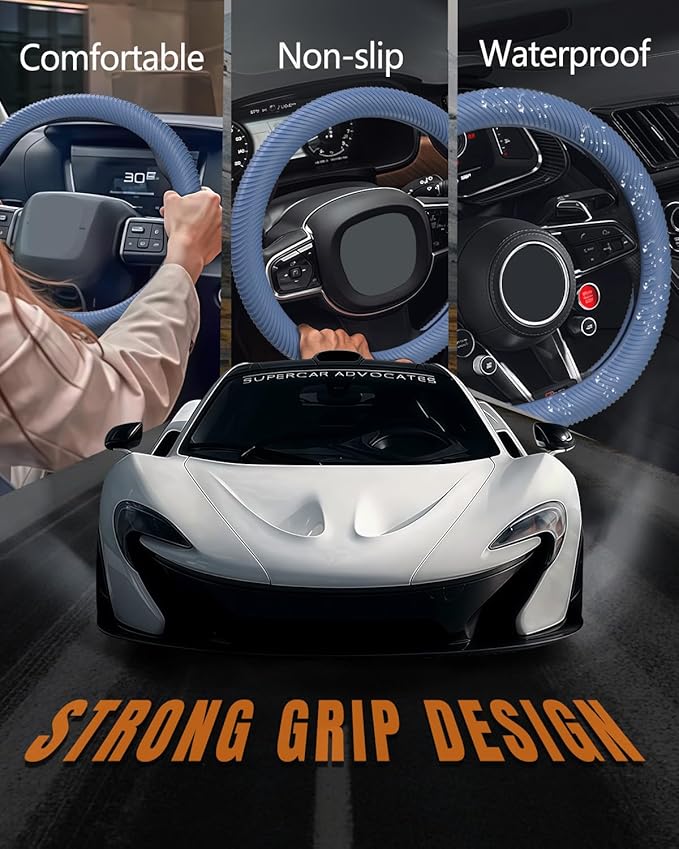WOCOCN Car Steering Wheel Cover, Thin Anti-Skid Silicone Steering Wheel Cover for Men & Women, Universal Automotive Interior Accessories for Most Cars (Dark Blue)