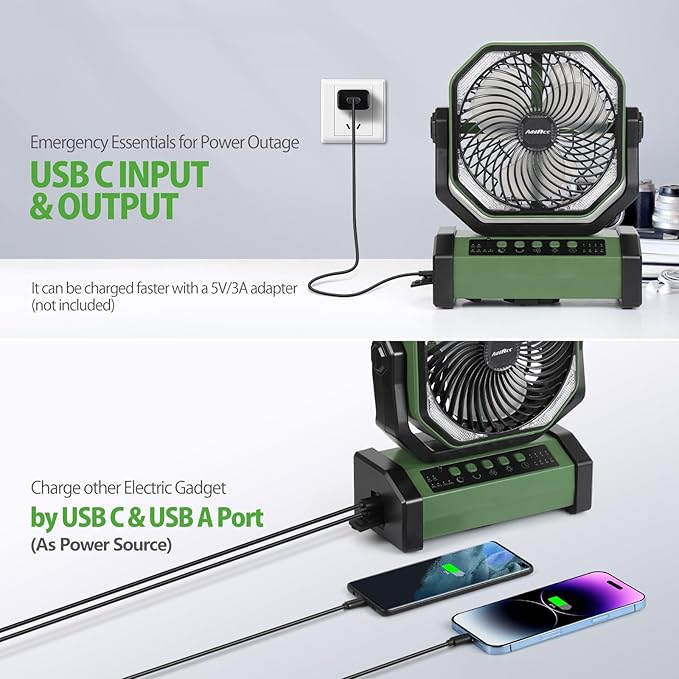AddAcc 20000mAh Rechargeable Camping Fan - Battery Operated Fan with Light & Remote, Auto Oscillating, 4 Timer, 60 Hrs Work Cordless Tent Fan for Travel Outdoor RV Garage Power Outage Emergency